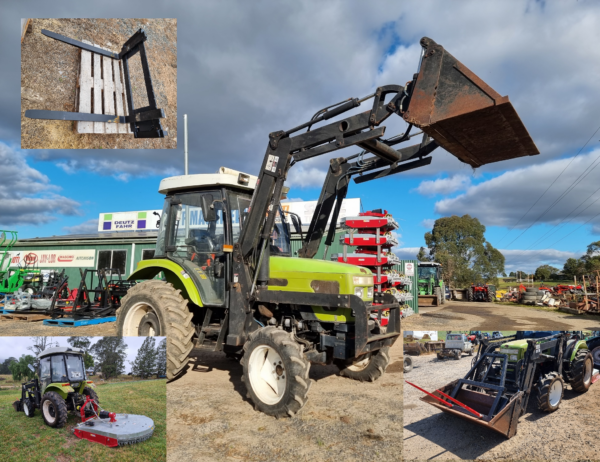 Package Deal - Used Agrison 50hp 4wd Cab tractor with 4in1 bucket, Hay Forks, Pallet Forks and Kanga Slasher